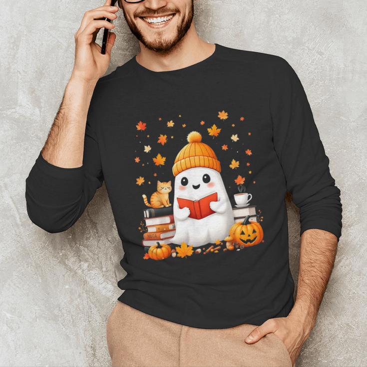 Cute Beanie Ghost Bookworm Cozy Book Reading Halloween Unisex Long Sleeve T-Shirt