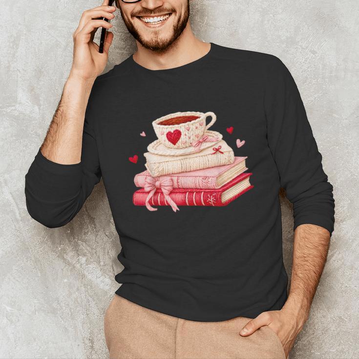 Cute Books And Coffee Crochet Valentines Day Tee For Couples Unisex Long Sleeve T-Shirt