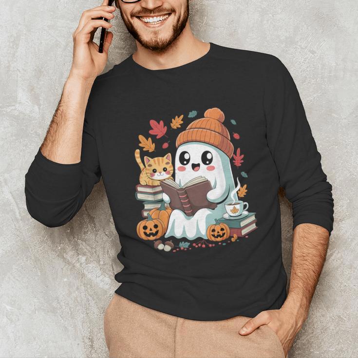 Cute Cozy Ghost Reading With Cat Book Lover Autumn Fall Unisex Long Sleeve T-Shirt