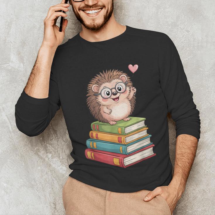 Cute Hedgehog Reading Books Animal Lover Reader Bookworm Unisex Long Sleeve T-Shirt
