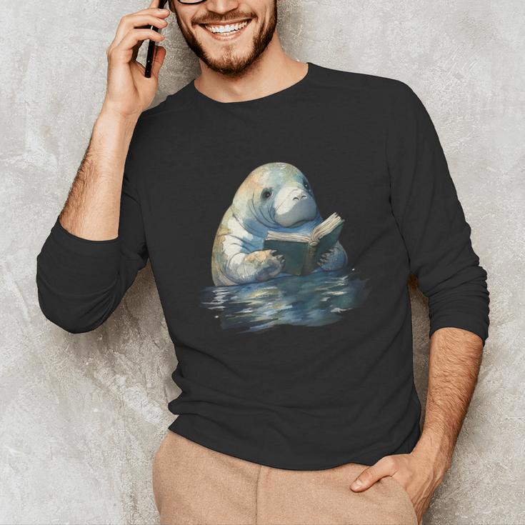 Cute Manatee Reading Book Bookworm Readers Manatee Lover Unisex Long Sleeve T-Shirt