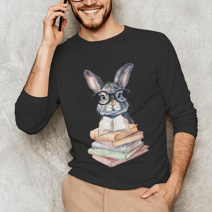 Cute Reading Bunny With Glasses Books Reader Book Bookworm Unisex Long Sleeve T-Shirt