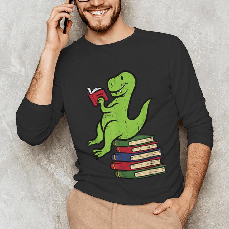 Dino Reading Read Reading Librarian Book Men Boys Kids Unisex Long Sleeve T-Shirt
