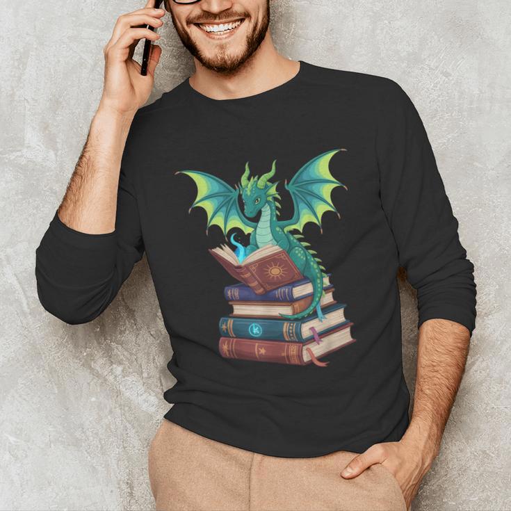 Dragon Reading Books Fantasy Lovers Mythical Creatures Unisex Long Sleeve T-Shirt