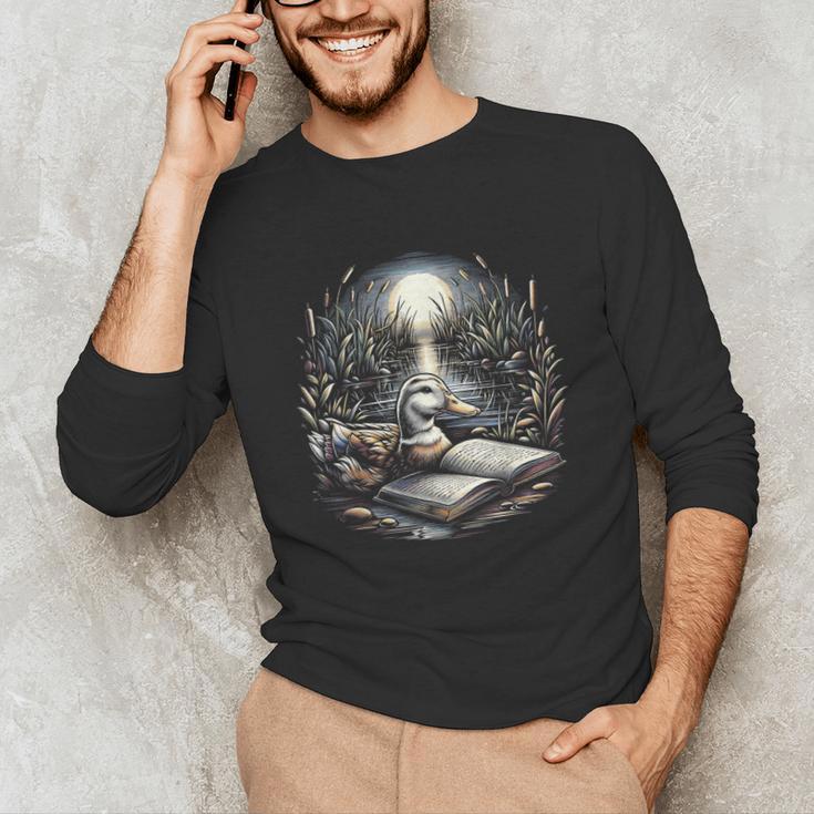 Duck Reading Book Full Moon Lake Scenery Unisex Long Sleeve T-Shirt Duck Reading Book Full Moon Lake Scenery Unisex Long Sleeve T-Shirt