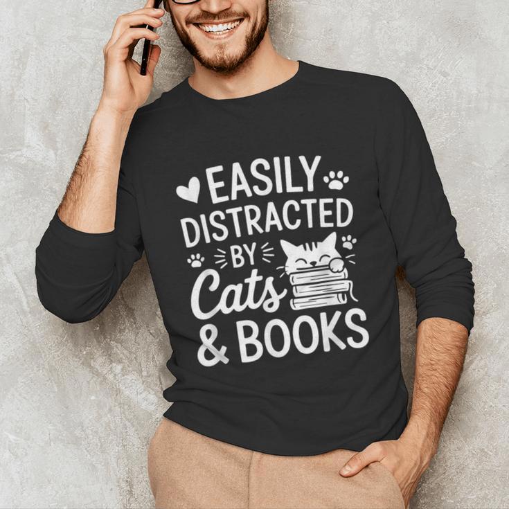 Easily Distracted By Cats And Books Reading Apparel Unisex Long Sleeve T-Shirt