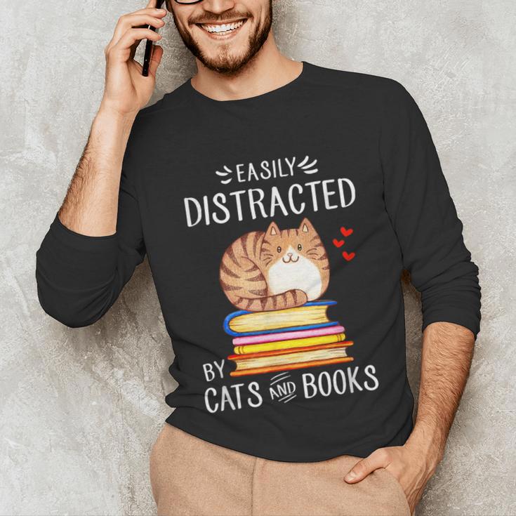 Easily Distracted By Cats And Books Reading Lover Bookish Unisex Long Sleeve T-Shirt