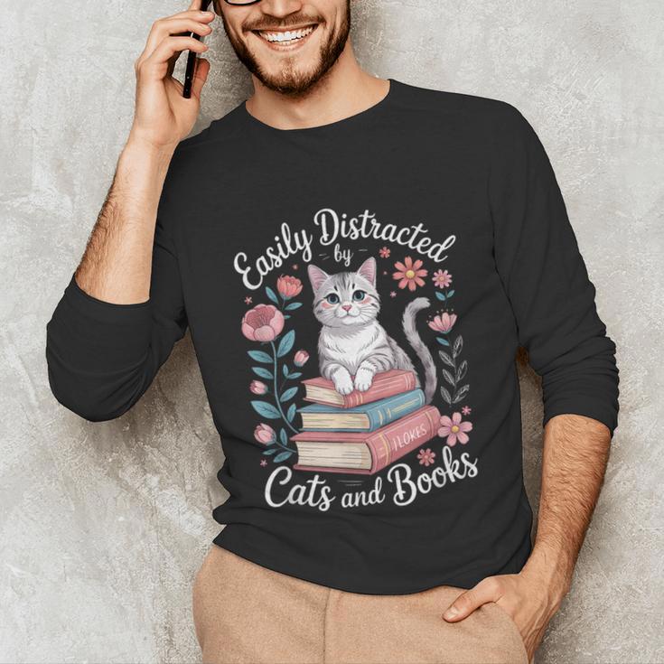 Easily Distracted By Cats And Books Reading Unisex Long Sleeve T-Shirt