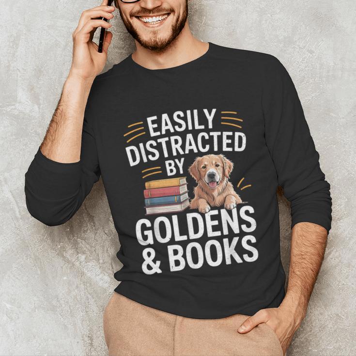 Easily Distracted By Goldens & Books Golden Retriever Dog Unisex Long Sleeve T-Shirt