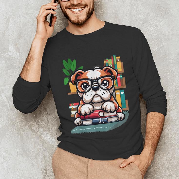 English Bulldog Reading a Book Dog Unisex Long Sleeve T-Shirt
