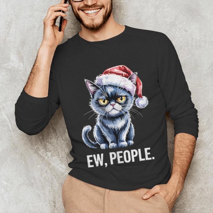 Ew People Christmas Cat Santa Hat Dad Introvert Unisex Long Sleeve T-Shirt