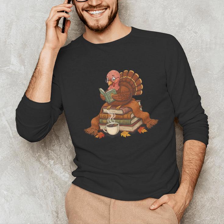 Fall Book Vintage Turkey Thanksgiving Reading Book Lovers Unisex Long Sleeve T-Shirt