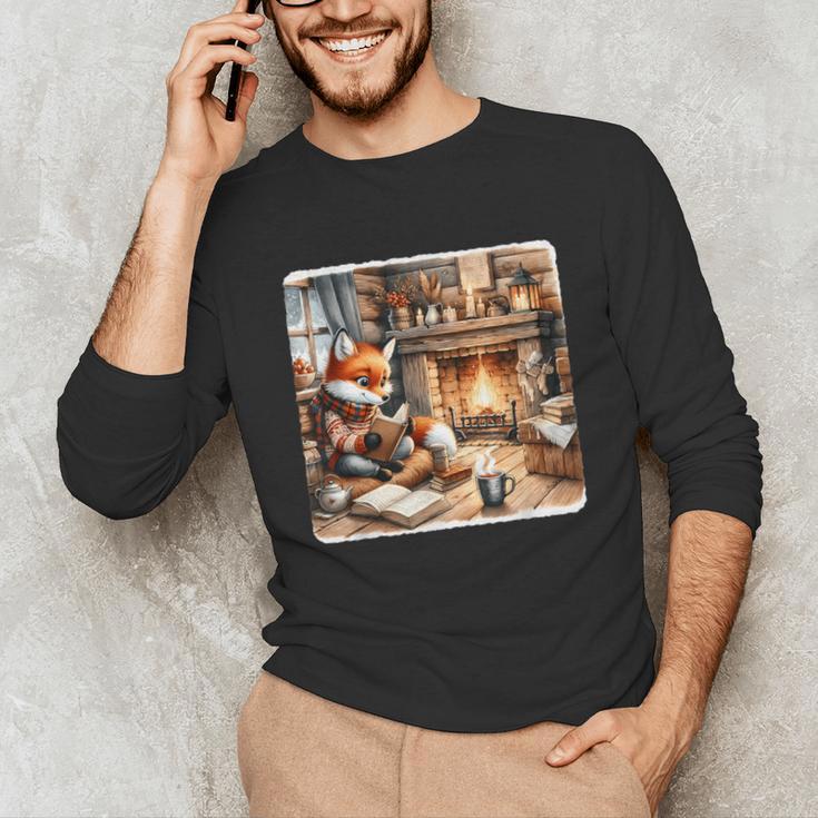 Fox Reads By Fireplace In Cabin Rustic Book Cozy Cup Tea Unisex Long Sleeve T-Shirt Fox Reads By Fireplace In Cabin Rustic Book Cozy Cup Tea Unisex Long Sleeve T-Shirt