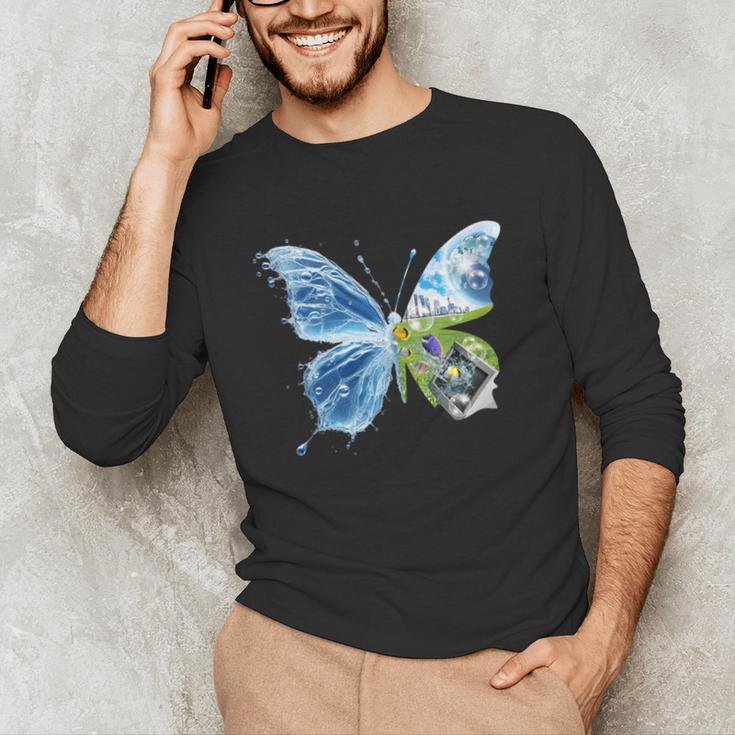 Frutiger Aero Aesthetic Butterfly Computer Fishes Scenery Unisex Long Sleeve T-Shirt