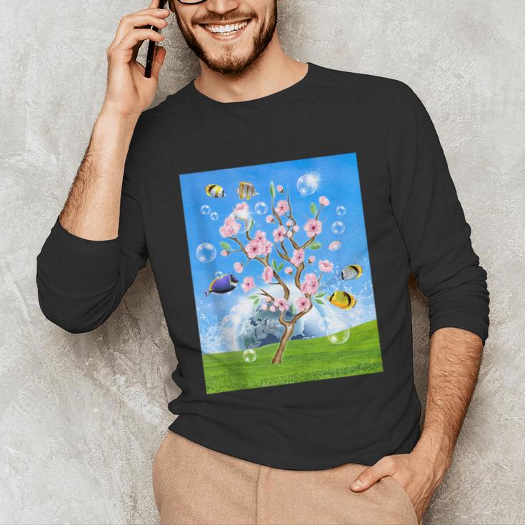 Frutiger Aero Aesthetic Tech Cherry Blossom Fishes Bubbles Unisex Long Sleeve T-Shirt Frutiger Aero Aesthetic Tech Cherry Blossom Fishes Bubbles Unisex Long Sleeve T-Shirt