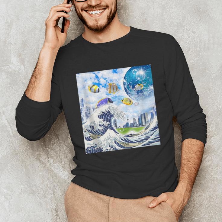 Frutiger Aero Aesthetic Tech Great Wave Of Kanagawa Fishes Unisex Long Sleeve T-Shirt