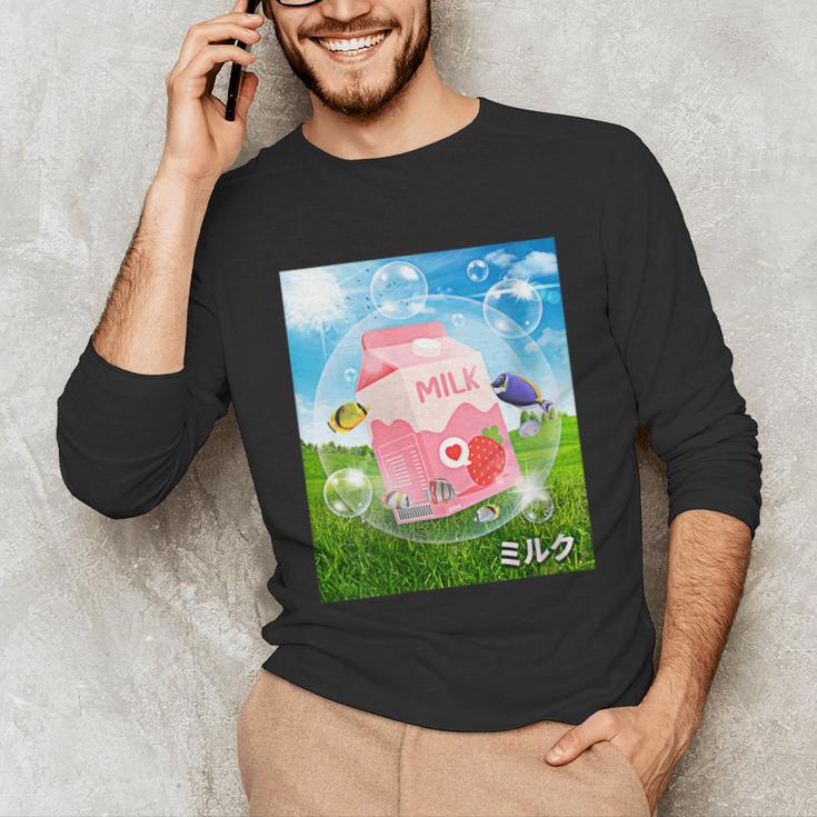 Frutiger Aero Aesthetic Tech Kawaii Strawberry Milk Fishes Unisex Long Sleeve T-Shirt