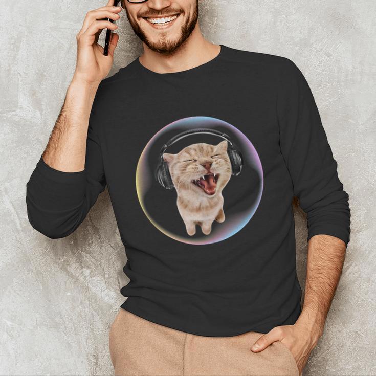 Frutiger Aero Cat Wearing Headphones Bubble 2000s Gen-Z Meme Unisex Long Sleeve T-Shirt