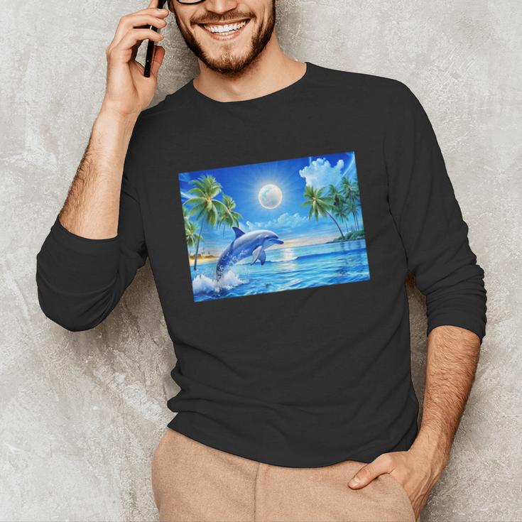 Frutiger Aero Dolphin Sunset Ocean With Palm Trees Y2k Unisex Long Sleeve T-Shirt Frutiger Aero Dolphin Sunset Ocean With Palm Trees Y2k Unisex Long Sleeve T-Shirt