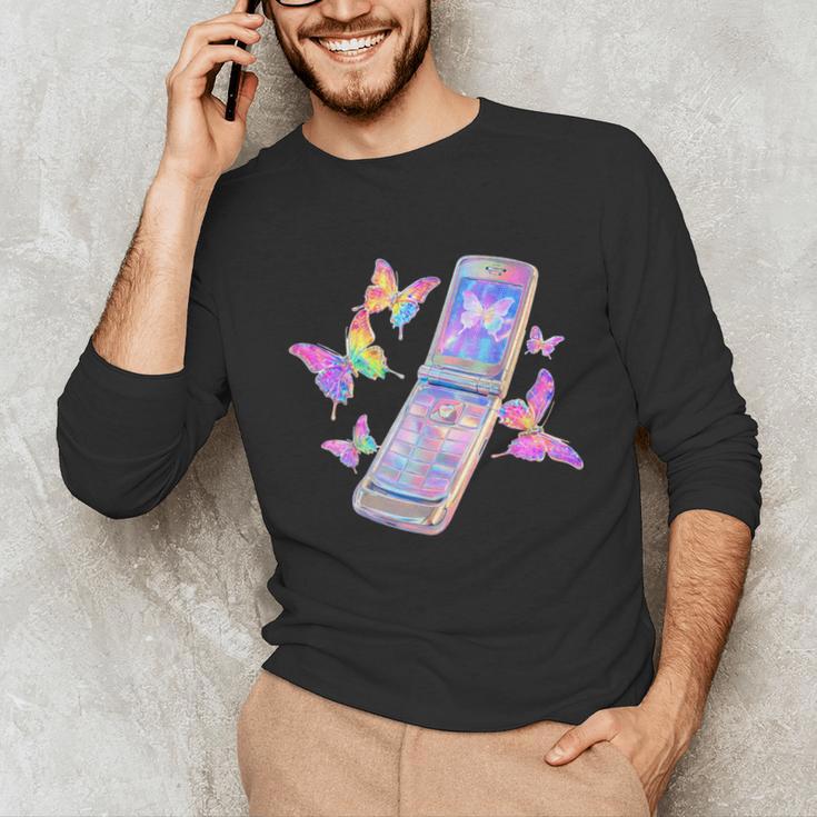 Frutiger Aero Y2K Chrome Phone Butterfly Unisex Long Sleeve T-Shirt Frutiger Aero Y2K Chrome Phone Butterfly Unisex Long Sleeve T-Shirt