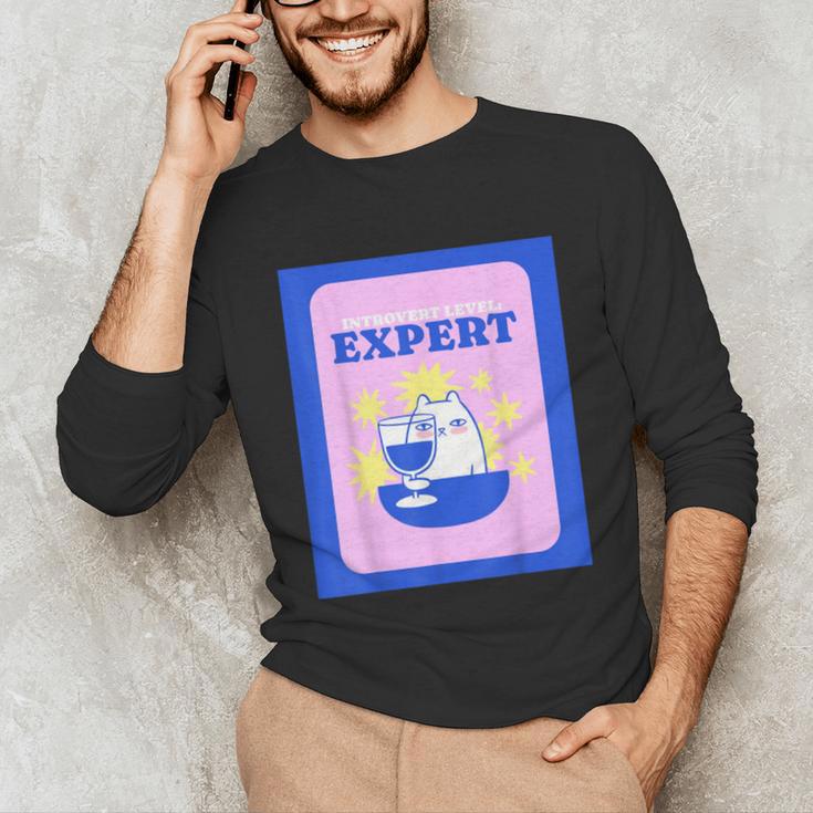 Fun Cute Introvert Cat Character With Wine Unisex Long Sleeve T-Shirt Fun Cute Introvert Cat Character With Wine Unisex Long Sleeve T-Shirt