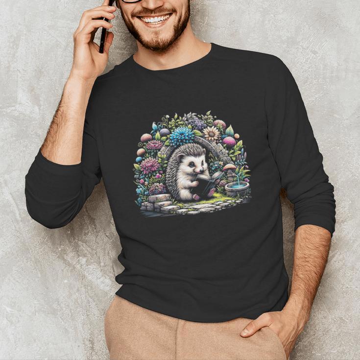 Hedgehog Reading Book Lake Scenery Reading Unisex Long Sleeve T-Shirt