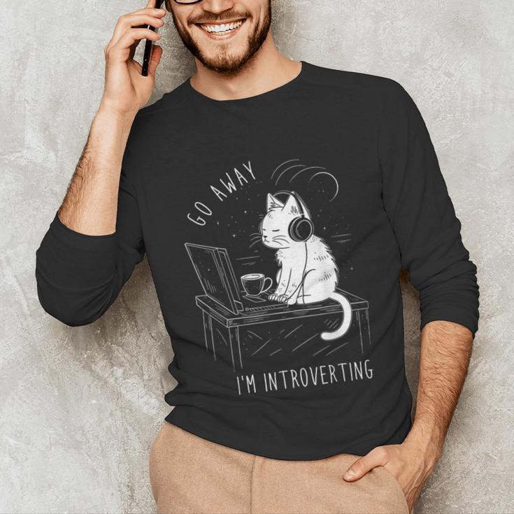 Introvert Cat With Coffee On Computer Antisocial Emo Goth Unisex Long Sleeve T-Shirt Introvert Cat With Coffee On Computer Antisocial Emo Goth Unisex Long Sleeve T-Shirt