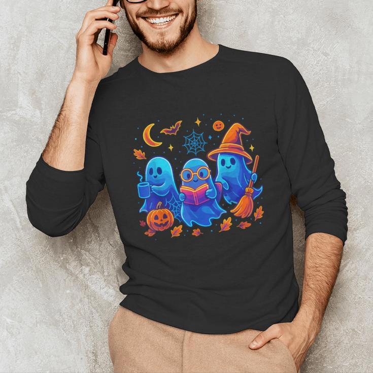 Little Ghost Coffee Tee Spooky Season Ghost Reading Book Unisex Long Sleeve T-Shirt