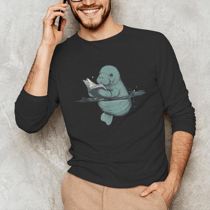 Manatee Reading Book Bookworm Manatees Ocean Animal Lover Unisex Long Sleeve T-Shirt