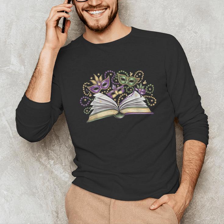 Mardi Gras Book Librarian Author Purple Beads Unisex Long Sleeve T-Shirt