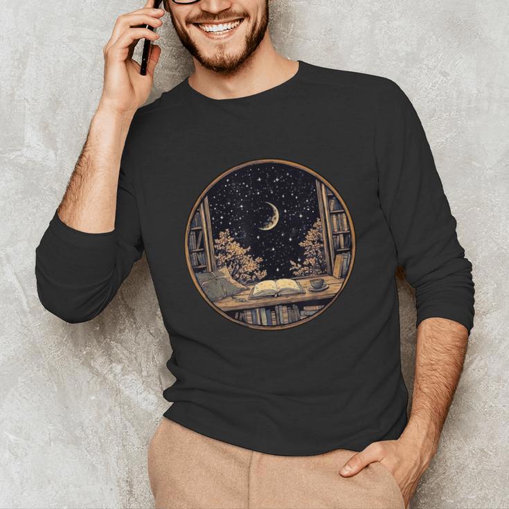 Moon Book Bookshelf Library Coffee Cup Star Stars Pattern Unisex Long Sleeve T-Shirt