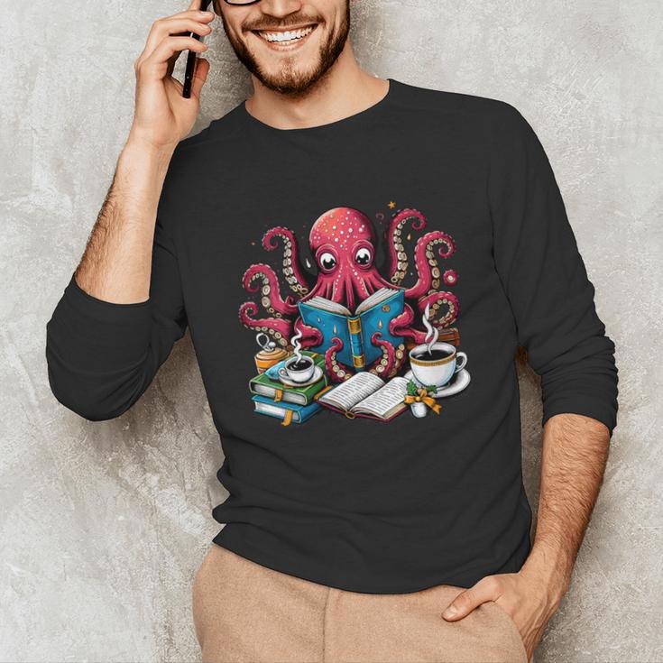 Octopus Reading Book Coffee Lover Bookaholic Bookworm Reader Unisex Long Sleeve T-Shirt