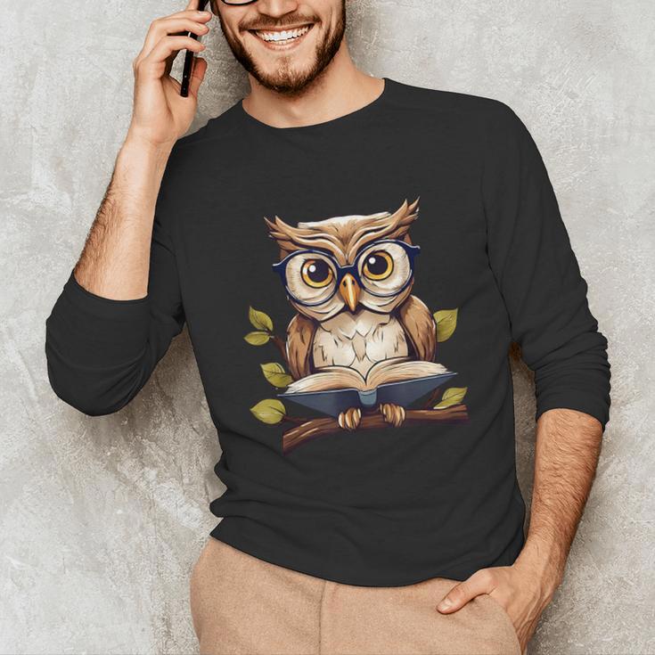 Owl Reading A Book Perched On A Branch Bookworm Unisex Long Sleeve T-Shirt