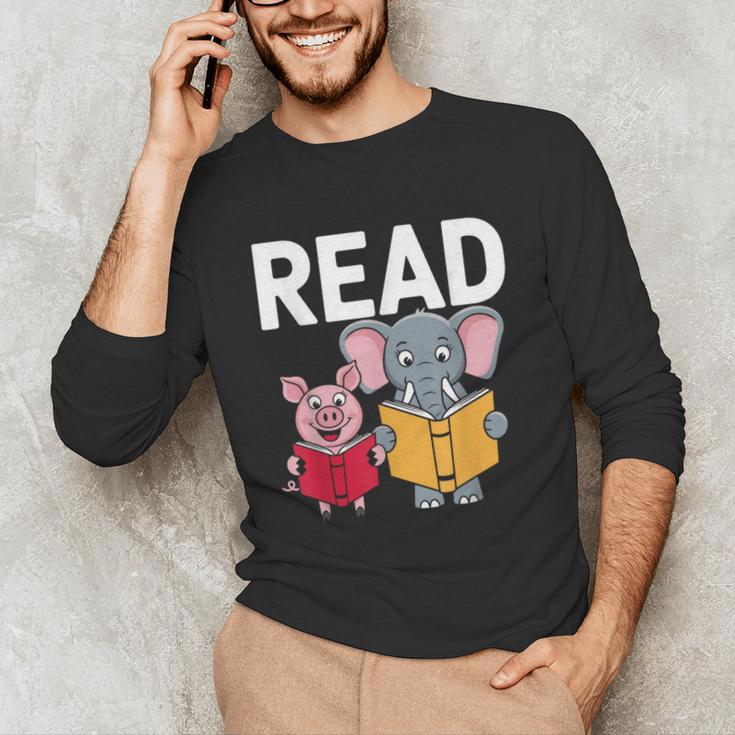 Pig Elephant Reading Cute Book Lover Bookworm Boys Girls Kid Unisex Long Sleeve T-Shirt