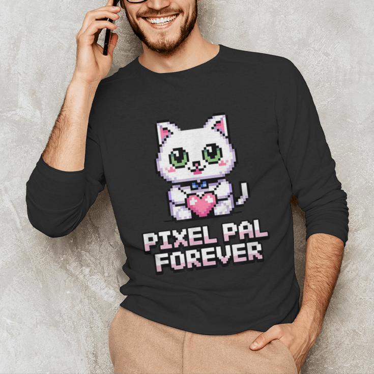 Pixel Art Pet Cat Y2K Retro Vintage Digital Nostalgia Tech Unisex Long Sleeve T-Shirt