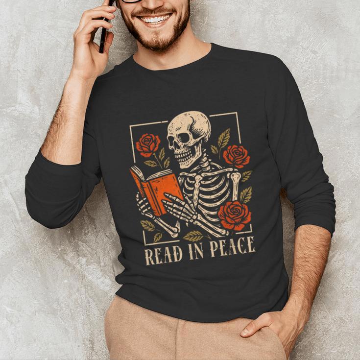 Read In Peace Skeleton Reading Book Halloween Teacher Unisex Long Sleeve T-Shirt