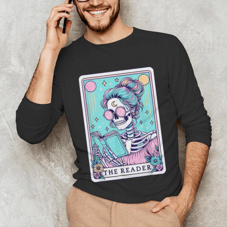 The Reader Retro Reading Skeleton Books Flowers Tarot Card Unisex Long Sleeve T-Shirt
