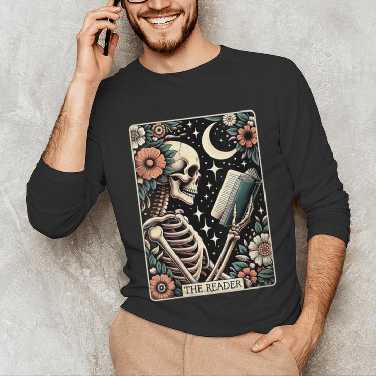 The Reader Tarot Card Skeleton Reading Book Bookworm Bookish Unisex Long Sleeve T-Shirt