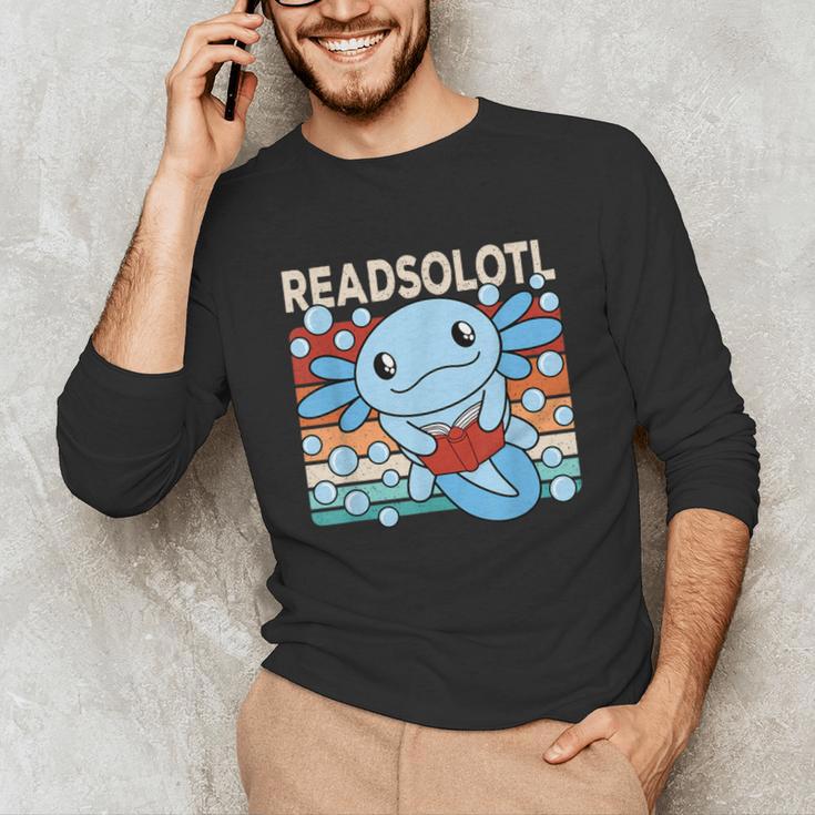 Readsolotl Blue Kawaii Axolotl Book Lover Reading Retro Unisex Long Sleeve T-Shirt