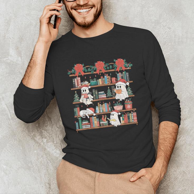 Retro Ghost Reading Book Teacher Librarian Bookish Christmas Unisex Long Sleeve T-Shirt