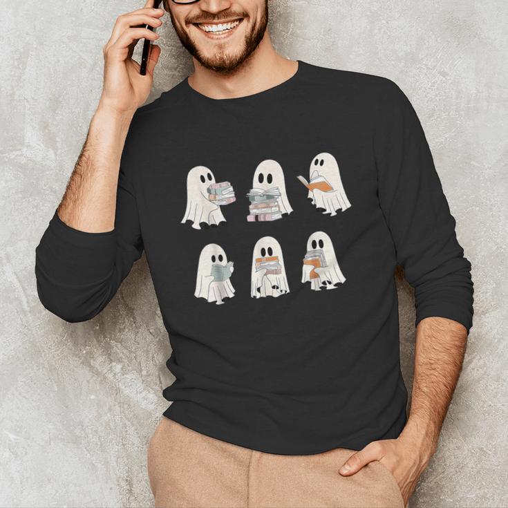 Retro Ghost Reading Books Halloween Bookish Ghost Bookworm Unisex Long Sleeve T-Shirt