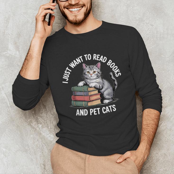 Retro I Just Want To Read Books And Pet Cats Unisex Long Sleeve T-Shirt