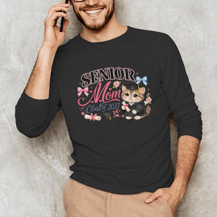 Senior Mom Class Of 2027 Cute Cat Graduation Pink Bows Girls Unisex Long Sleeve T-Shirt