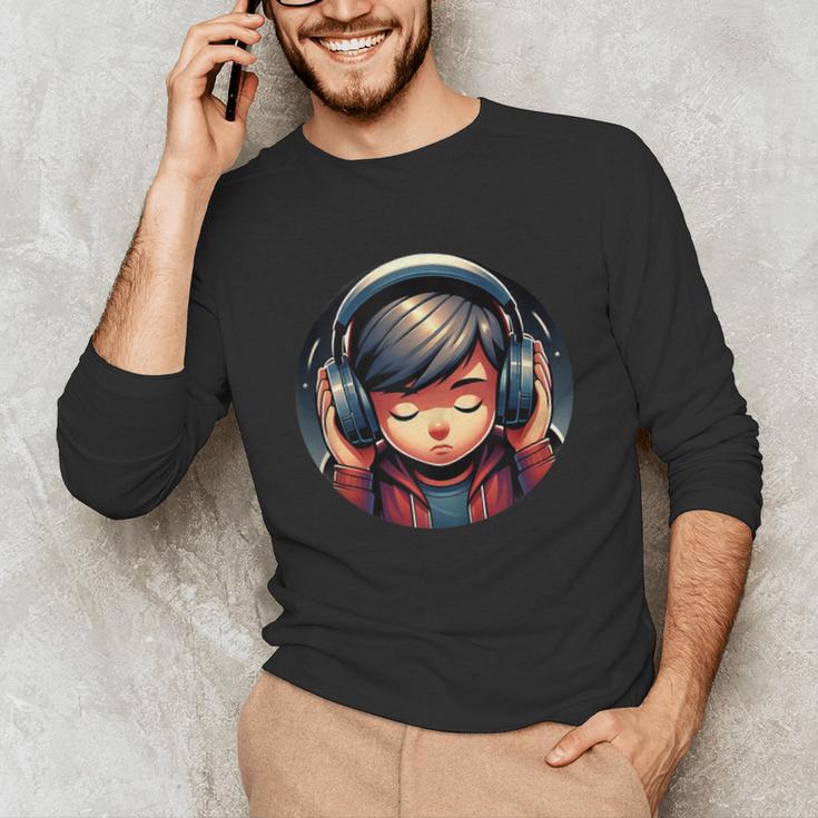 Serene Music Enthusiast With Headphones Introvert Cute Boy Unisex Long Sleeve T-Shirt