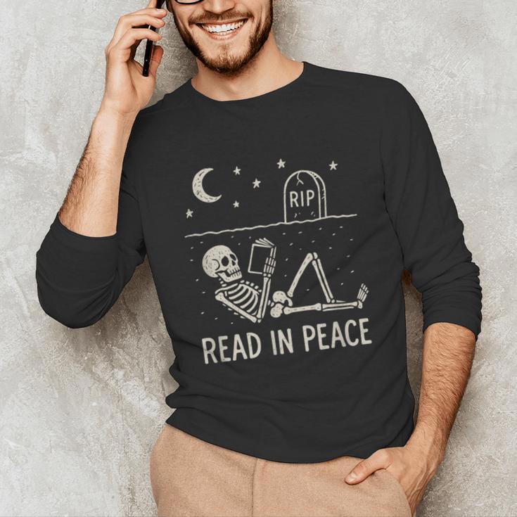 Skeleton Read In Peace Halloween Book Graphic Bookish Unisex Long Sleeve T-Shirt
