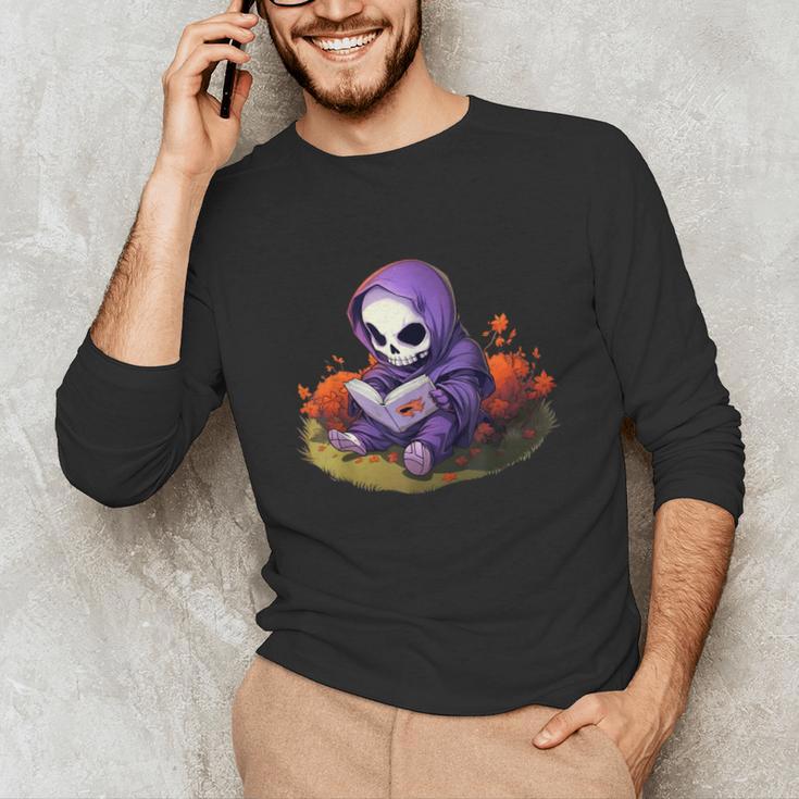 Spooky Grim Reaper Reading A Book Cute Creepy Halloween Unisex Long Sleeve T-Shirt Spooky Grim Reaper Reading A Book Cute Creepy Halloween Unisex Long Sleeve T-Shirt