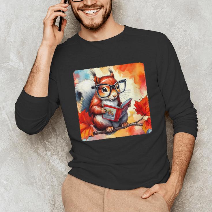 Squirrel Reading Comic Book On Autumn Branch Glasses Leaves Unisex Long Sleeve T-Shirt Squirrel Reading Comic Book On Autumn Branch Glasses Leaves Unisex Long Sleeve T-Shirt
