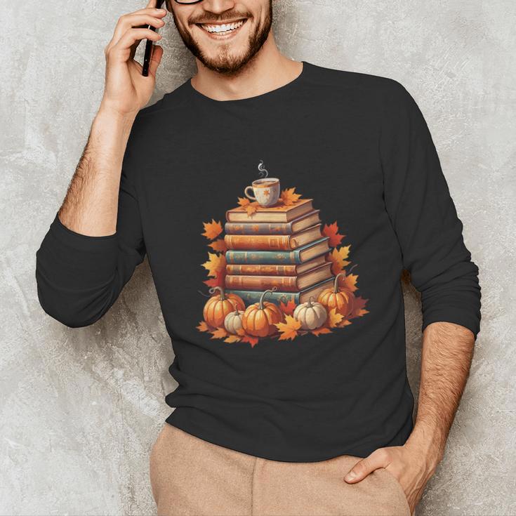 Vintage Autumn Books Pumpkin Coffee Book Lover Reading Unisex Long Sleeve T-Shirt