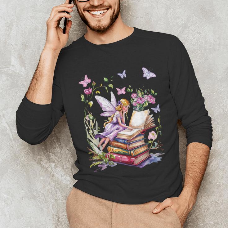 Watercolor Butterfly Fairy Read Book Library Fantasy Novel Unisex Long Sleeve T-Shirt