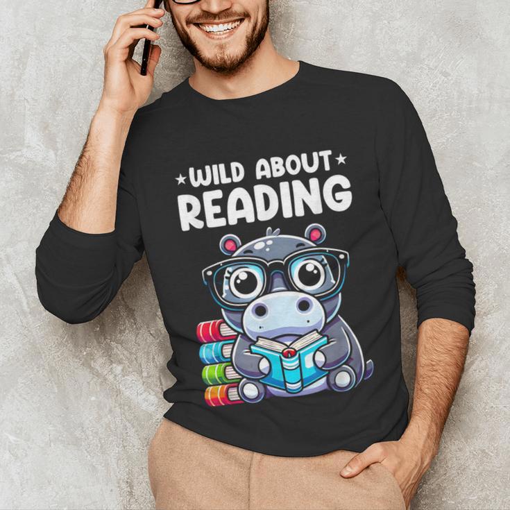 Wild About Reading Book Lover Hippo Unisex Long Sleeve T-Shirt